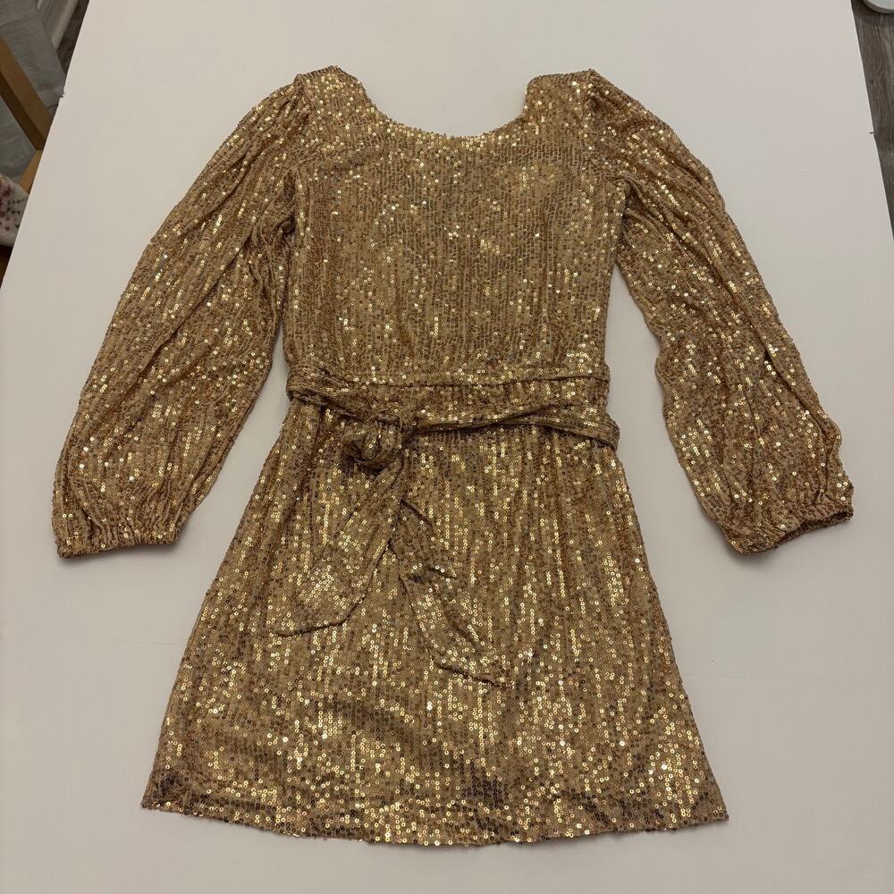 NWT Francesca's Gold Sequin Wrap Mini Dress Womens S Long Sleeve Holiday Party